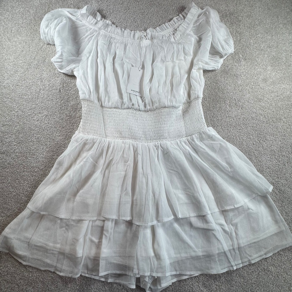 Andree By Unit White Smocked Tiered Romper Off Shoulder Puff Sleeve Fairy XL